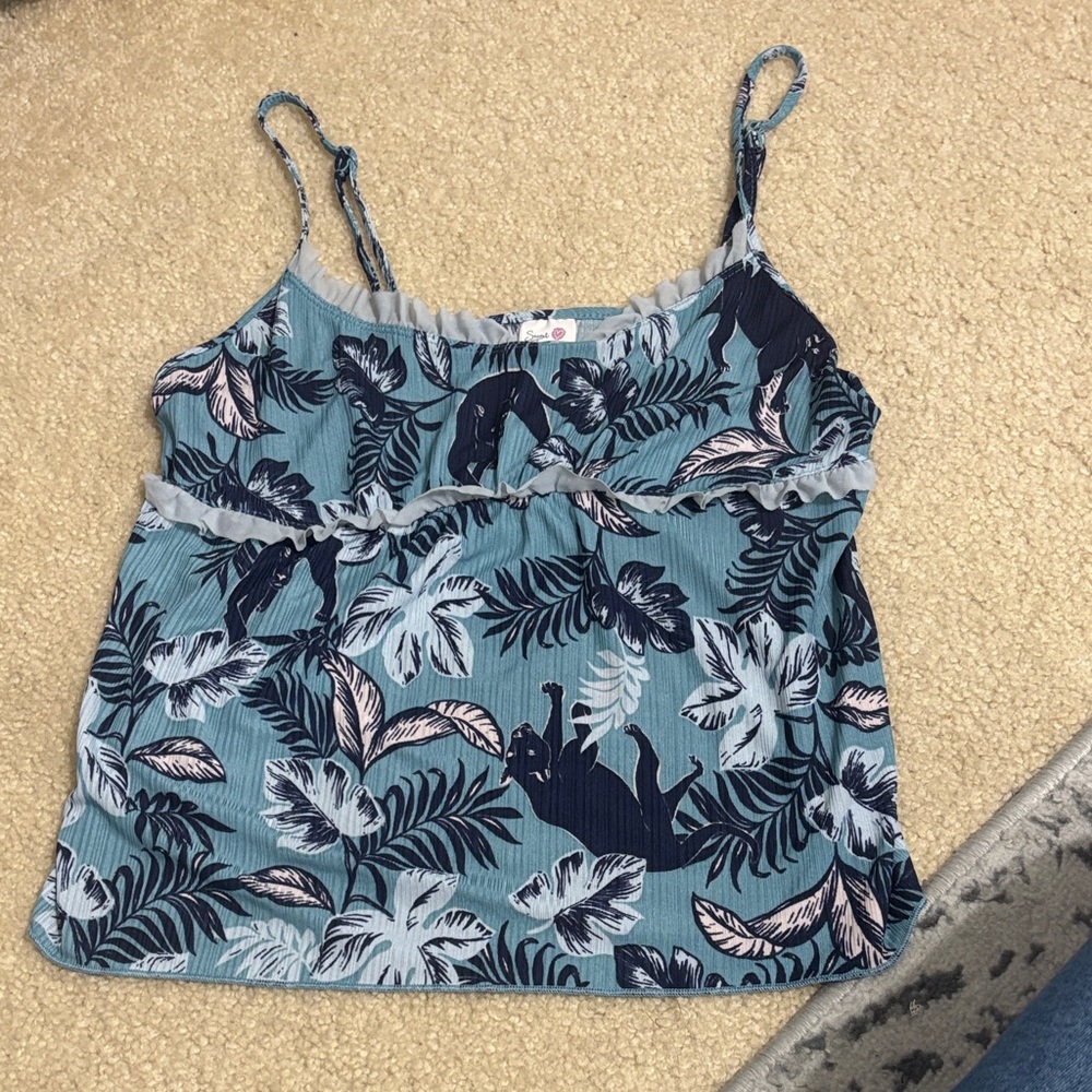 Secret Treasures Teal Floral Tank Top with Navy and Light Pink Leaves